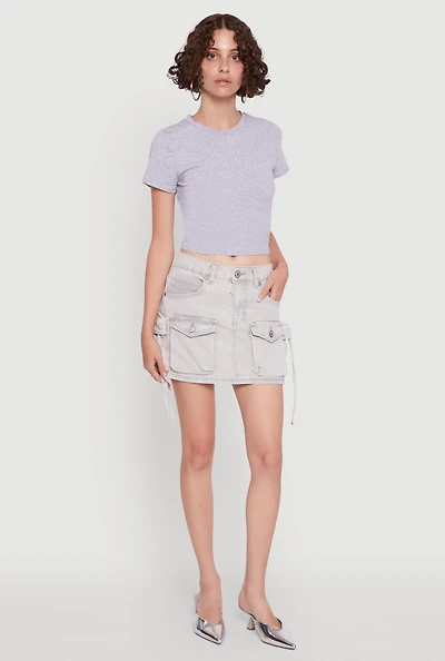 Womens Mid Rise Cargo Pocket Mini Denim Skirt, Grey, Size L