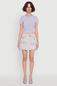 Womens Mid Rise Cargo Pocket Mini Denim Skirt, Grey, Size L