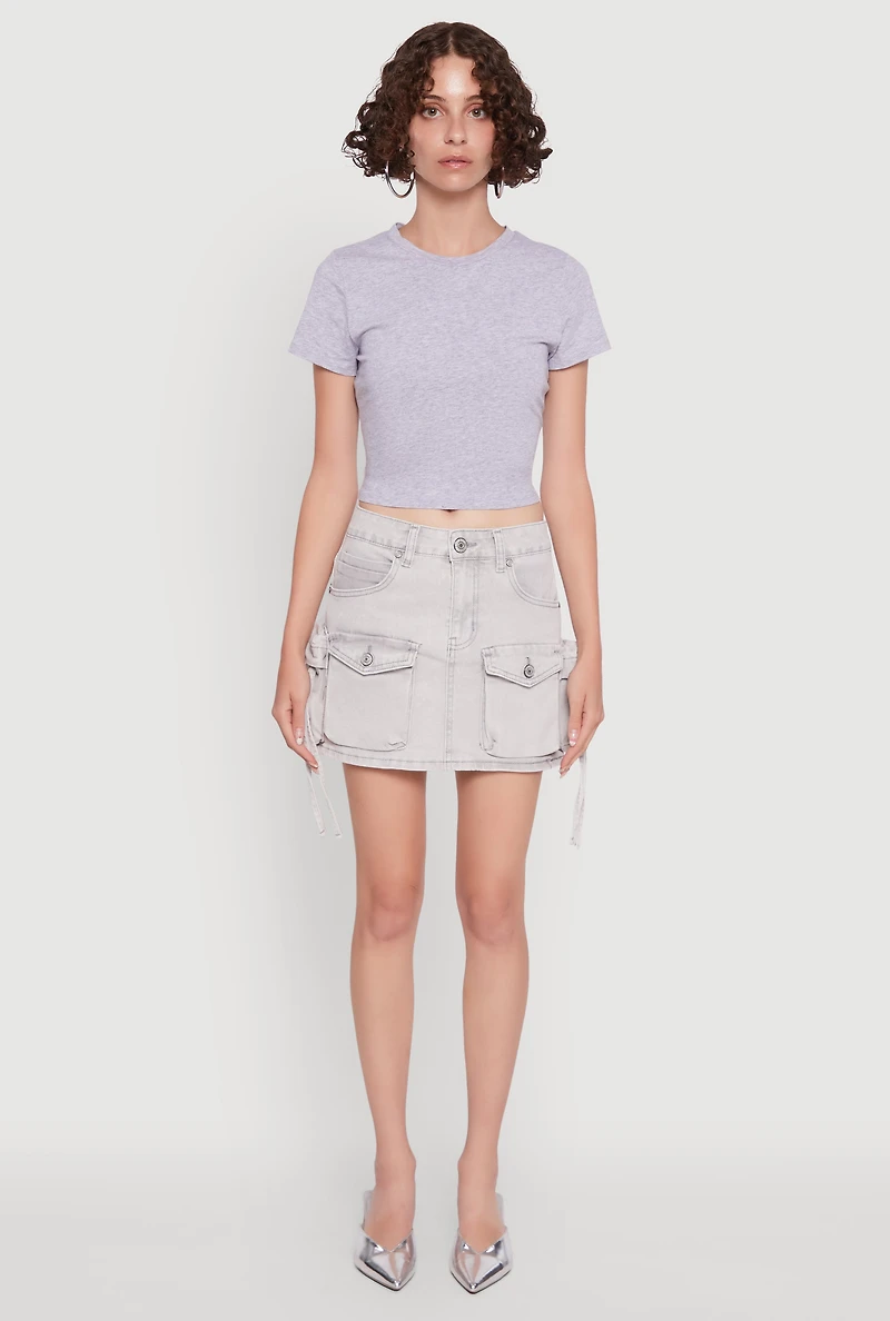 Womens Mid Rise Cargo Pocket Mini Denim Skirt, Grey,