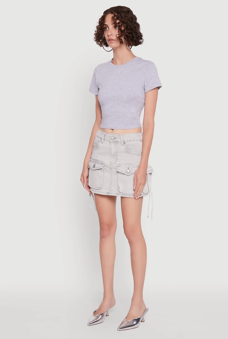 Womens Mid Rise Cargo Pocket Mini Denim Skirt, Grey,
