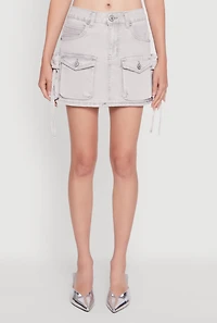 Womens Mid Rise Cargo Pocket Mini Denim Skirt, Grey,