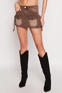 Womens VIP Denim Acid Wash Mini Cargo Skirt, Brown,