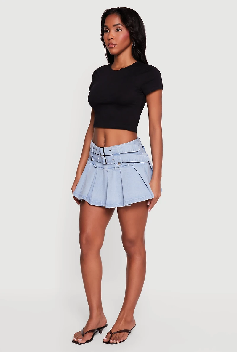 Denim Double Belted Pleated Mini Skort