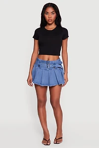 Denim Double Belted Pleated Mini Skort