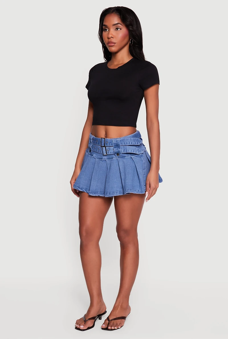 Denim Double Belted Pleated Mini Skort