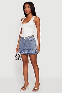 Acid Wash Denim Frayed Ruffle Hem Mini Skirt