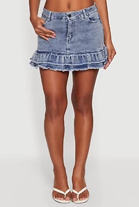 Acid Wash Denim Frayed Ruffle Hem Mini Skirt