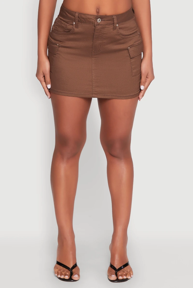Womens WAX Twill Mini Cargo Skirt, Brown, Size M