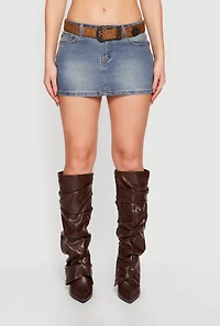 Womens Mineral Wash Denim Mini Skirt with Belt, Black, Size M