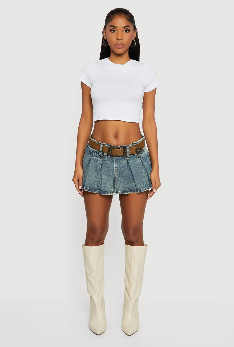 Cowboy Belted Mid Rise Acid Wash Pleated Skort