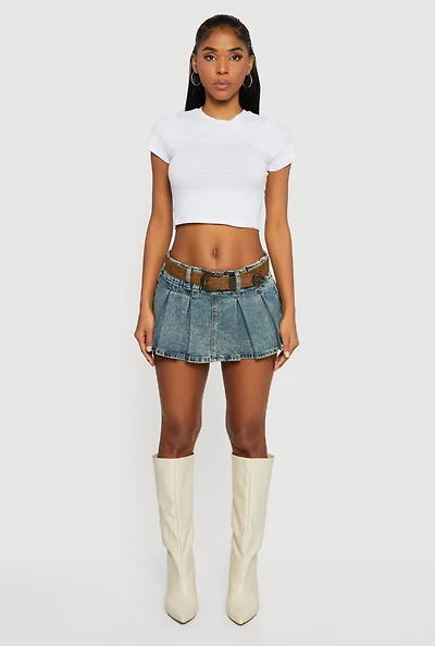 Cowboy Belted Mid Rise Acid Wash Pleated Skort