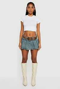 Cowboy Belted Mid Rise Acid Wash Pleated Skort