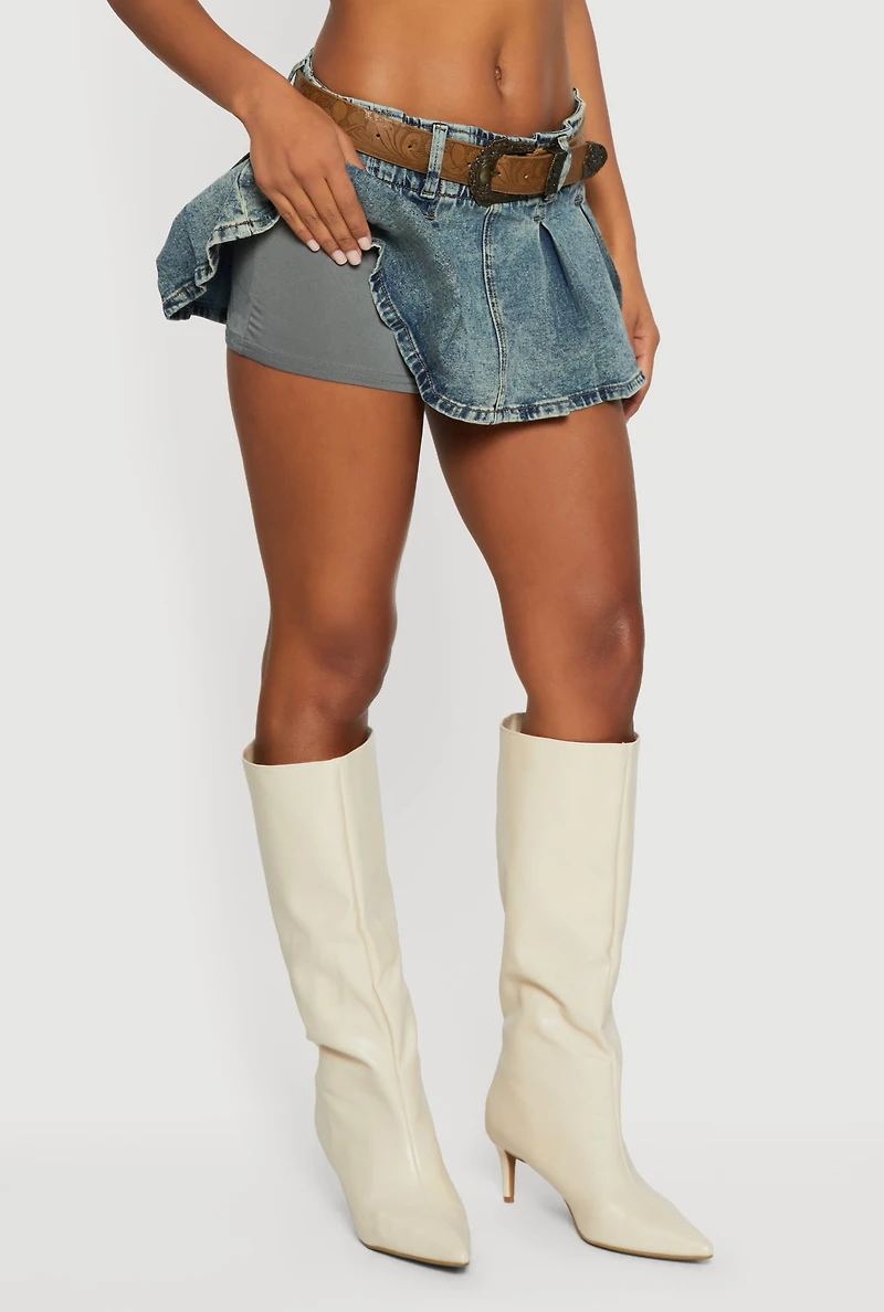 Cowboy Belted Mid Rise Acid Wash Pleated Skort