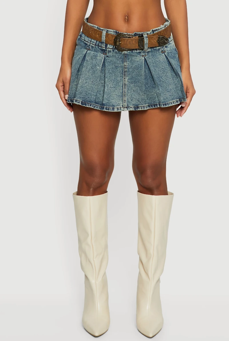 Cowboy Belted Mid Rise Acid Wash Pleated Skort