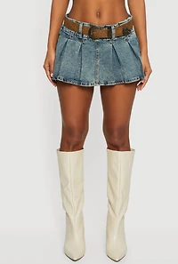 Cowboy Belted Mid Rise Acid Wash Pleated Skort