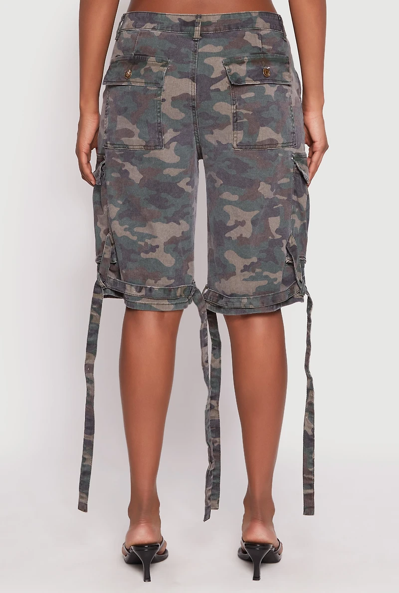 Womens Denim Cargo Bermuda Skater Shorts, Green, Size M