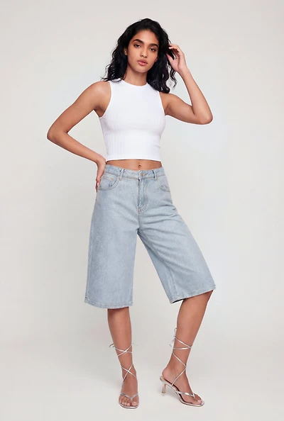 Rhinestone Studded Denim Bermuda Shorts