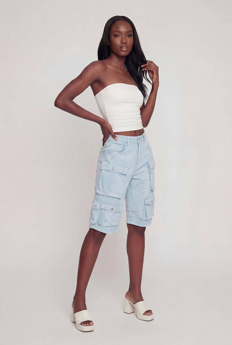 Denim High Waisted Cargo Bermuda Shorts