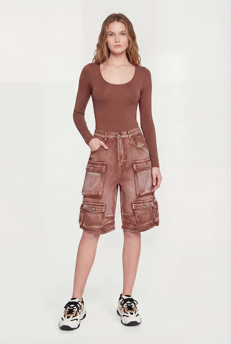 Denim High Waisted Cargo Bermuda Shorts