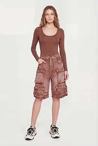 Denim High Waisted Cargo Bermuda Shorts