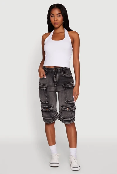 Womens Daisy High Waisted Acid Wash Denim Cargo Shorts, Black, Size M