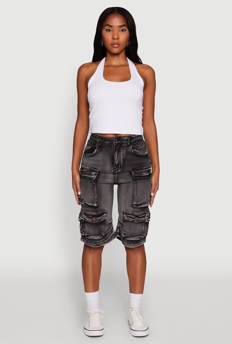 Womens Daisy High Waisted Acid Wash Denim Cargo Shorts, Black, Size M