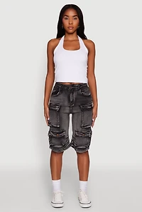 Womens Daisy High Waisted Acid Wash Denim Cargo Shorts, Black, Size M