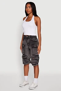 Womens Daisy High Waisted Acid Wash Denim Cargo Shorts, Black, Size M
