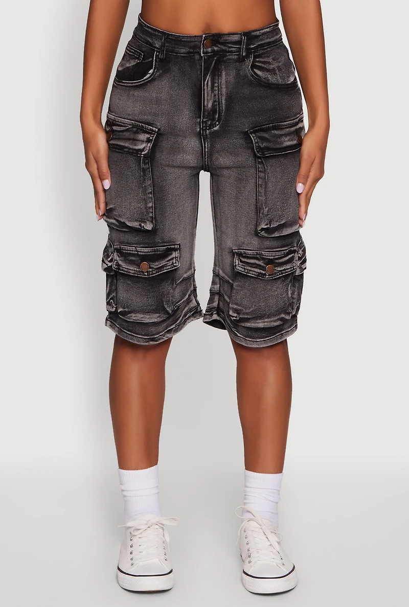 Womens Daisy High Waisted Acid Wash Denim Cargo Shorts, Black, Size M