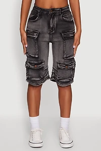 Womens Daisy High Waisted Acid Wash Denim Cargo Shorts, Black, Size M