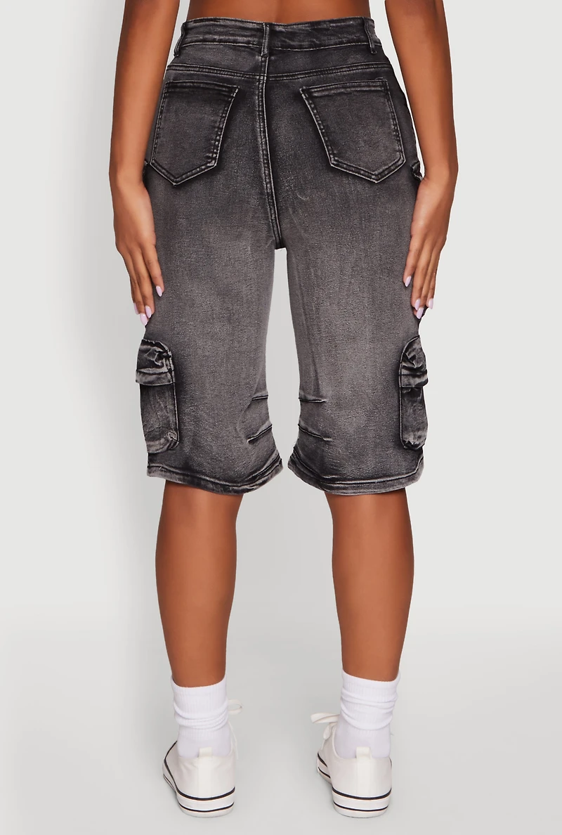 Womens Daisy High Waisted Acid Wash Denim Cargo Shorts, Black, Size M