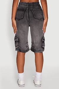 Womens Daisy High Waisted Acid Wash Denim Cargo Shorts, Black, Size M
