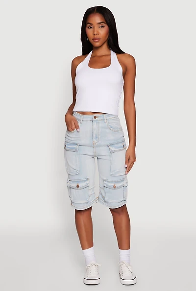 Womens Daisy High Waisted Acid Wash Denim Cargo Shorts, Blue,