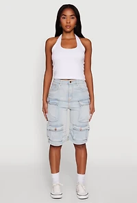 Womens Daisy High Waisted Acid Wash Denim Cargo Shorts, Blue,