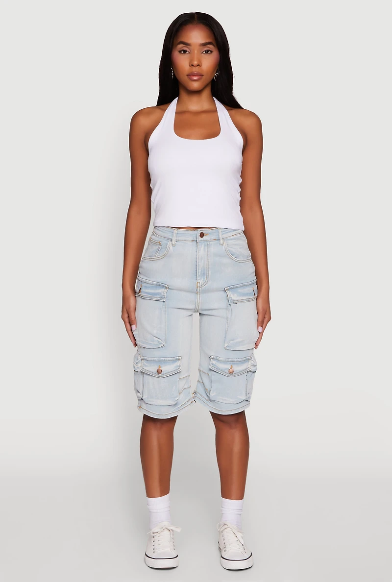 Womens Daisy High Waisted Acid Wash Denim Cargo Shorts, Blue, Size M