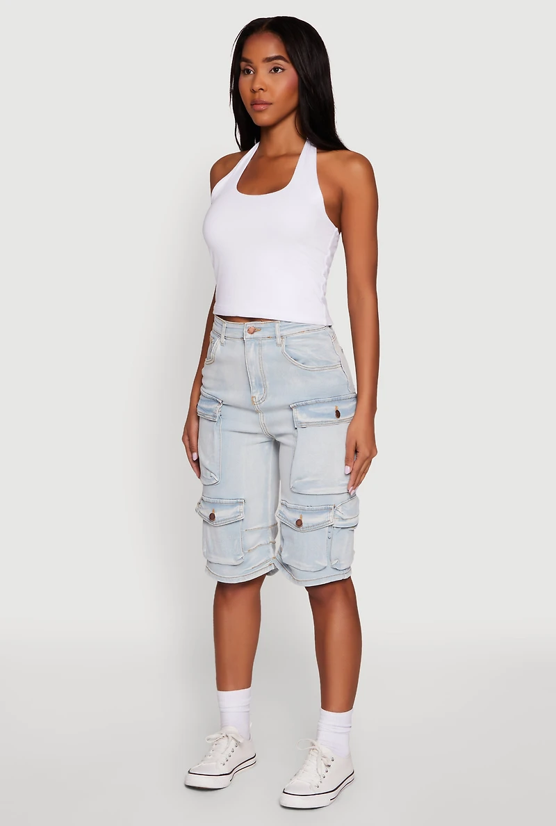 Womens Daisy High Waisted Acid Wash Denim Cargo Shorts, Blue, Size M