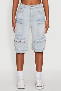 Womens Daisy High Waisted Acid Wash Denim Cargo Shorts, Blue,