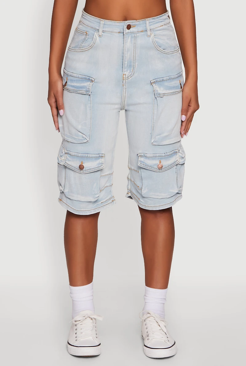 Womens Daisy High Waisted Acid Wash Denim Cargo Shorts, Blue, Size M