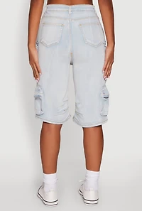 Womens Daisy High Waisted Acid Wash Denim Cargo Shorts, Blue,
