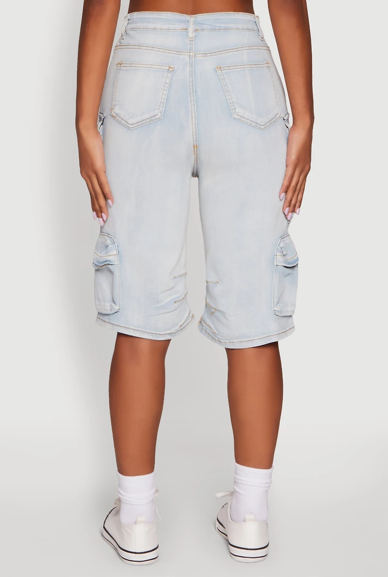 Womens Daisy High Waisted Acid Wash Denim Cargo Shorts, Blue, Size M