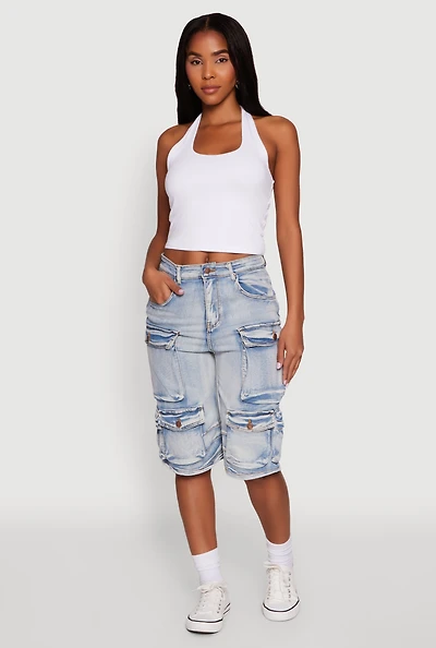 Womens Daisy High Waisted Acid Wash Denim Cargo Shorts, Blue, Size S