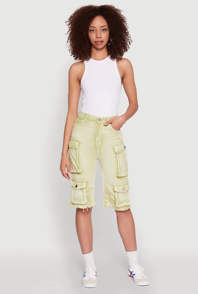 Womens Daisy Acid Wash Raw Hem Utility Bermuda Shorts, Green, Size S