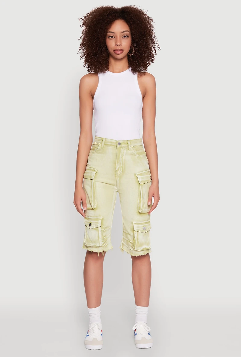 Womens Daisy Acid Wash Raw Hem Utility Bermuda Shorts, Green, Size S