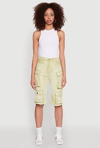 Womens Daisy Acid Wash Raw Hem Utility Bermuda Shorts, Green, Size S