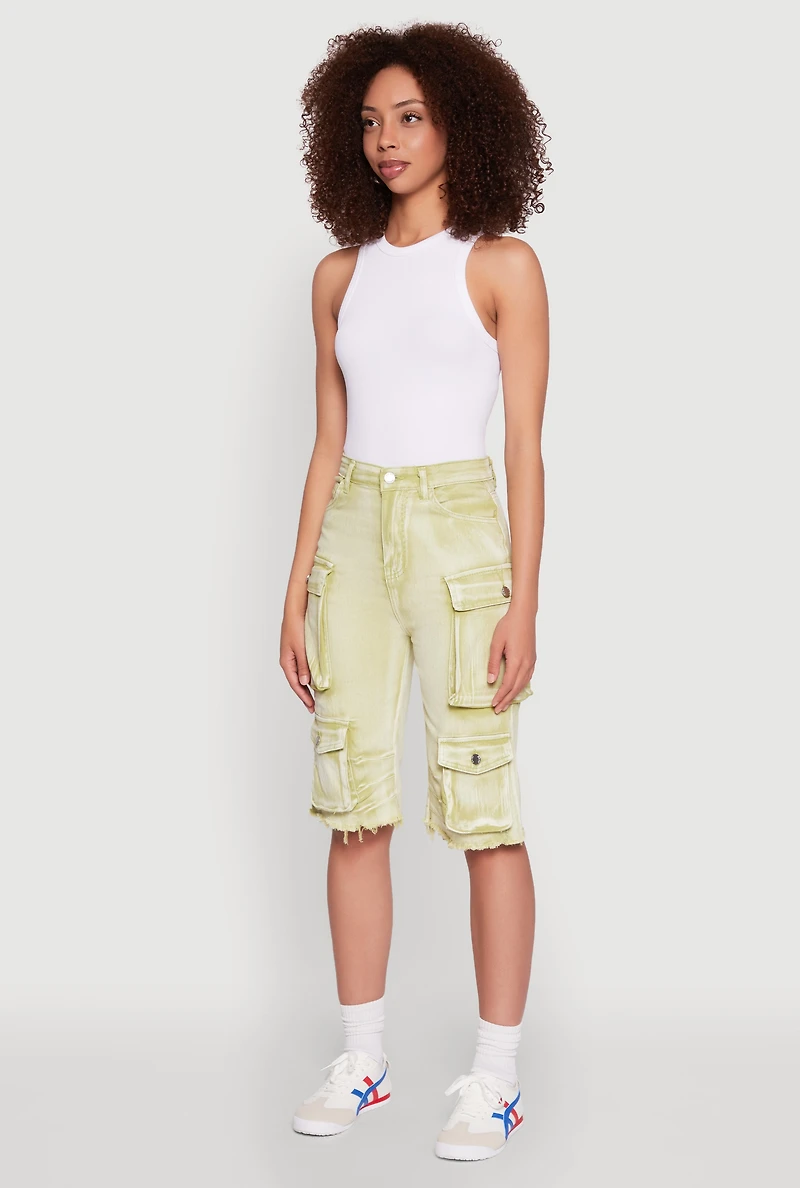 Womens Daisy Acid Wash Raw Hem Utility Bermuda Shorts, Green, Size S