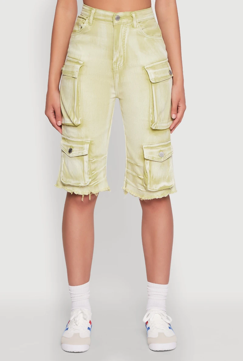 Womens Daisy Acid Wash Raw Hem Utility Bermuda Shorts, Green, Size S