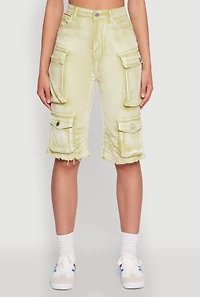 Womens Daisy Acid Wash Raw Hem Utility Bermuda Shorts, Green, Size S