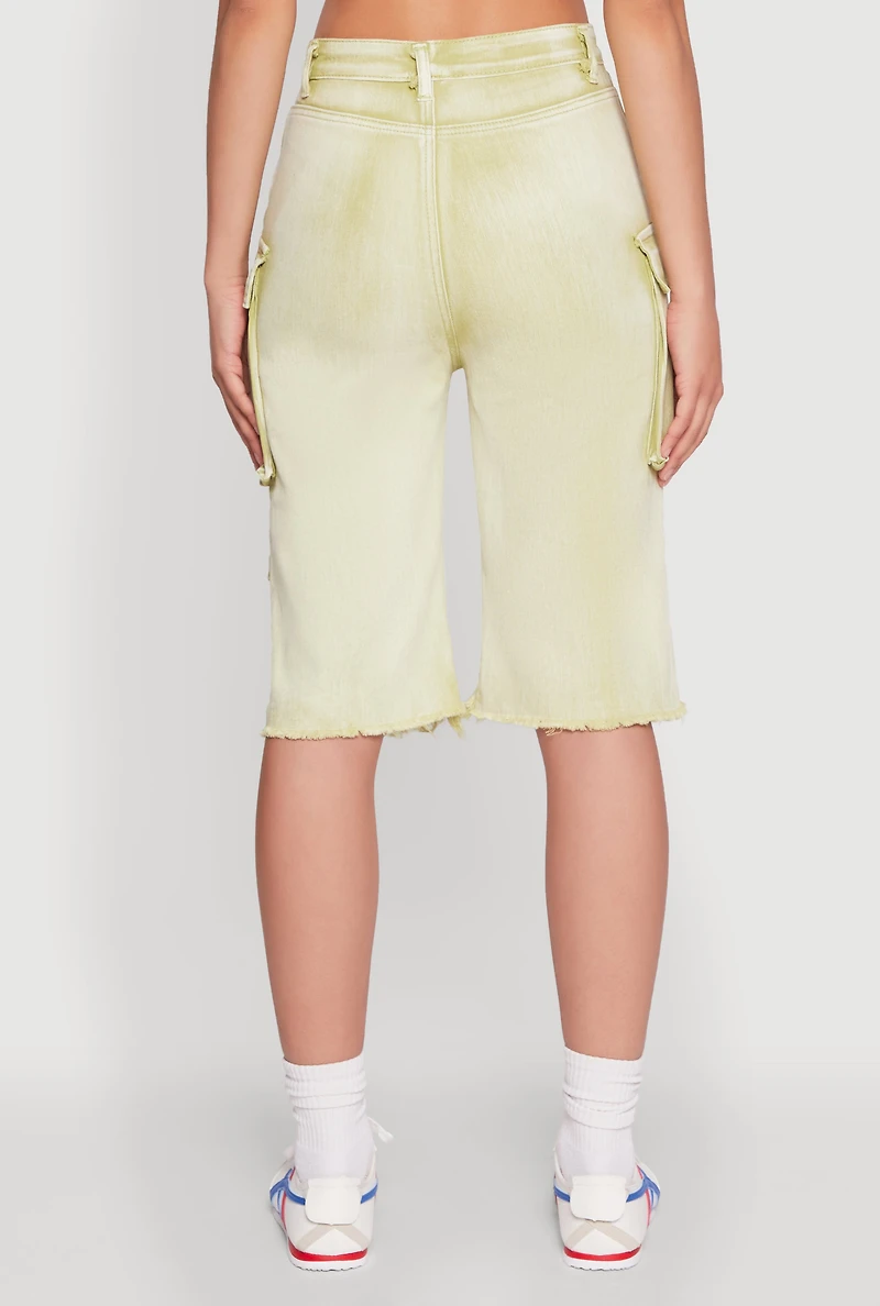 Womens Daisy Acid Wash Raw Hem Utility Bermuda Shorts, Green, Size S