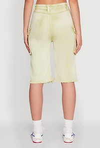 Womens Daisy Acid Wash Raw Hem Utility Bermuda Shorts, Green, Size S