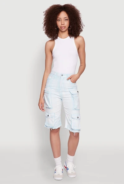 Womens Daisy Acid Wash Raw Hem Utility Bermuda Shorts,